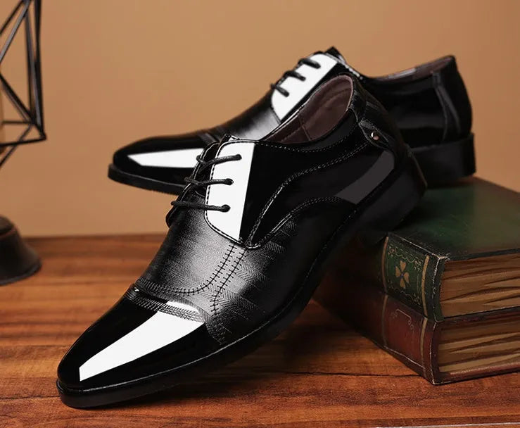 Men's black pointed toe dress shoes with low top and rubber sole, size 38-48