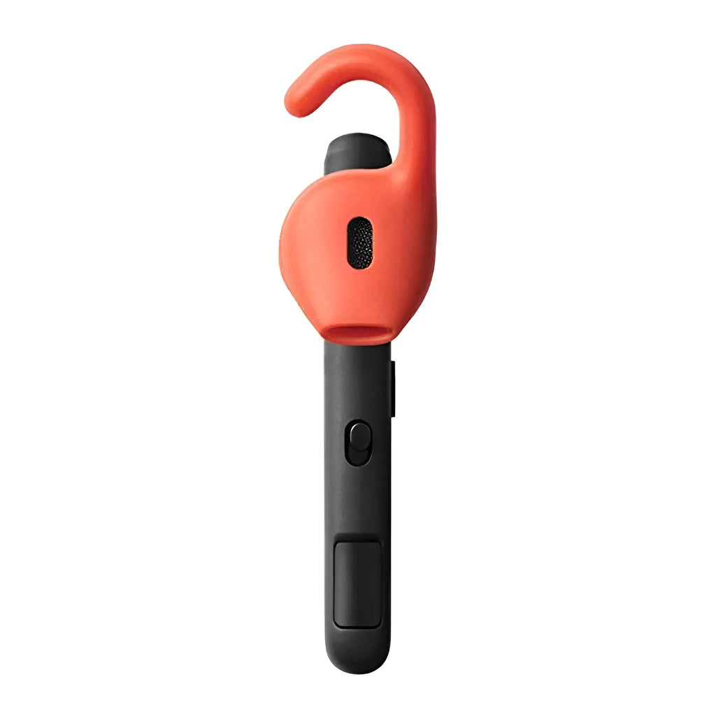 Black and silvery behind-the-ear Bluetooth earphones with dual phone connectivity