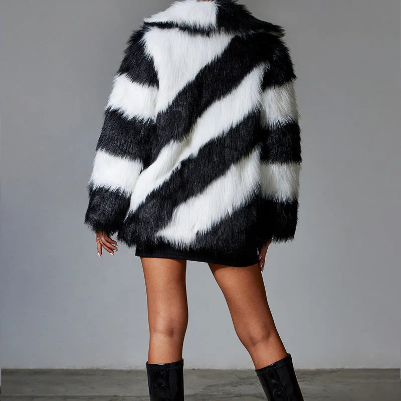 Picture colour faux fur coat with contrasting lapel and fur collar, regular sleeves.