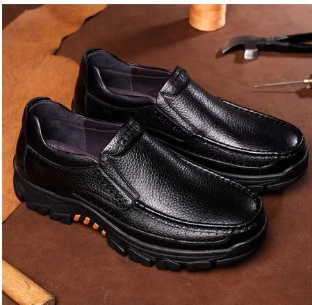 Men's black and brown genuine cowhide leather slip-on business casual shoes with rubber soles