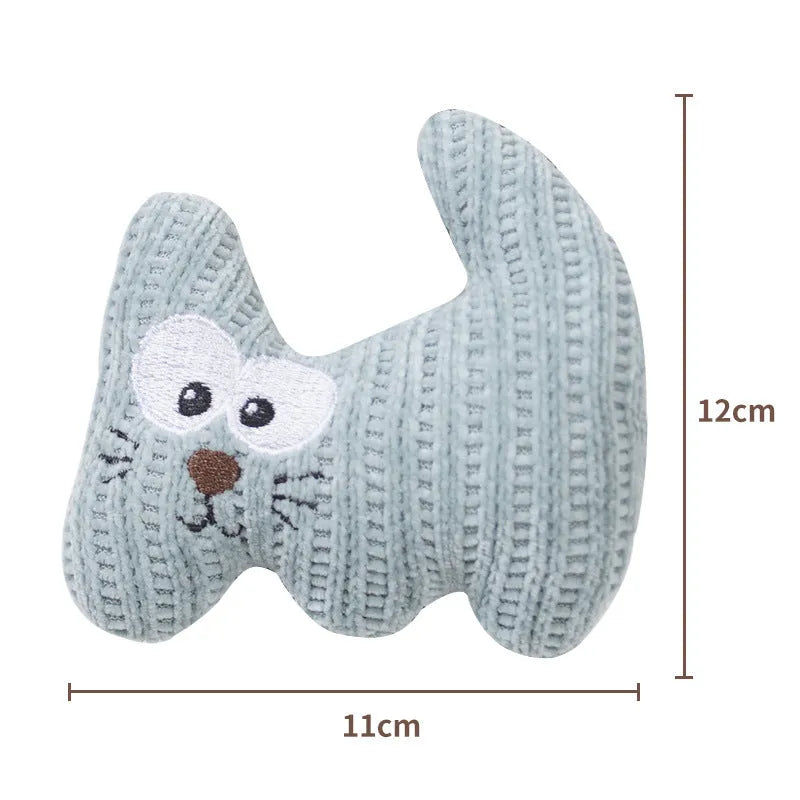 Cyan and light coffee plush cat toys with a rope design on a white background.