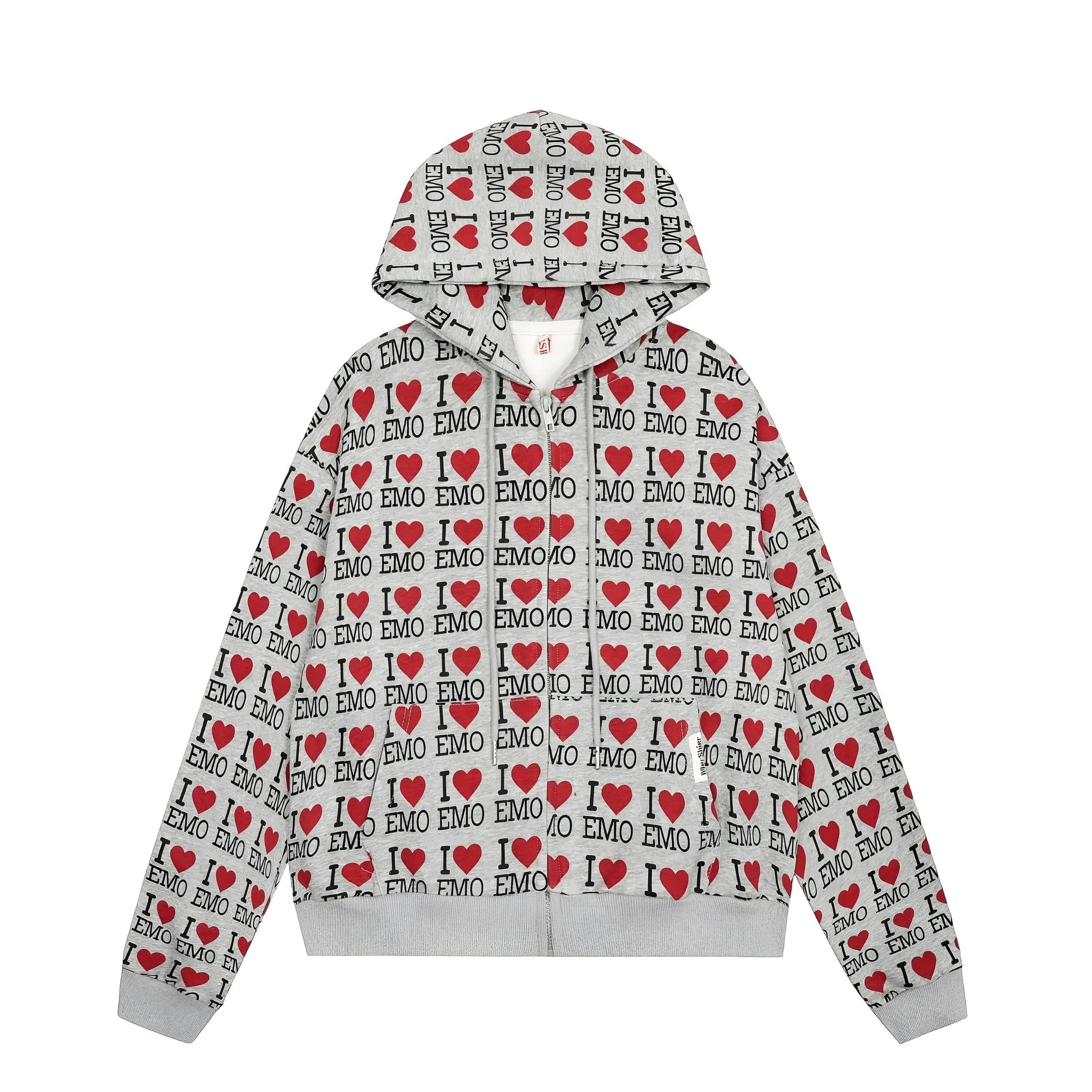 Women's mixed grey hooded cardigan with a retro pattern, long sleeves, and a regular fit.