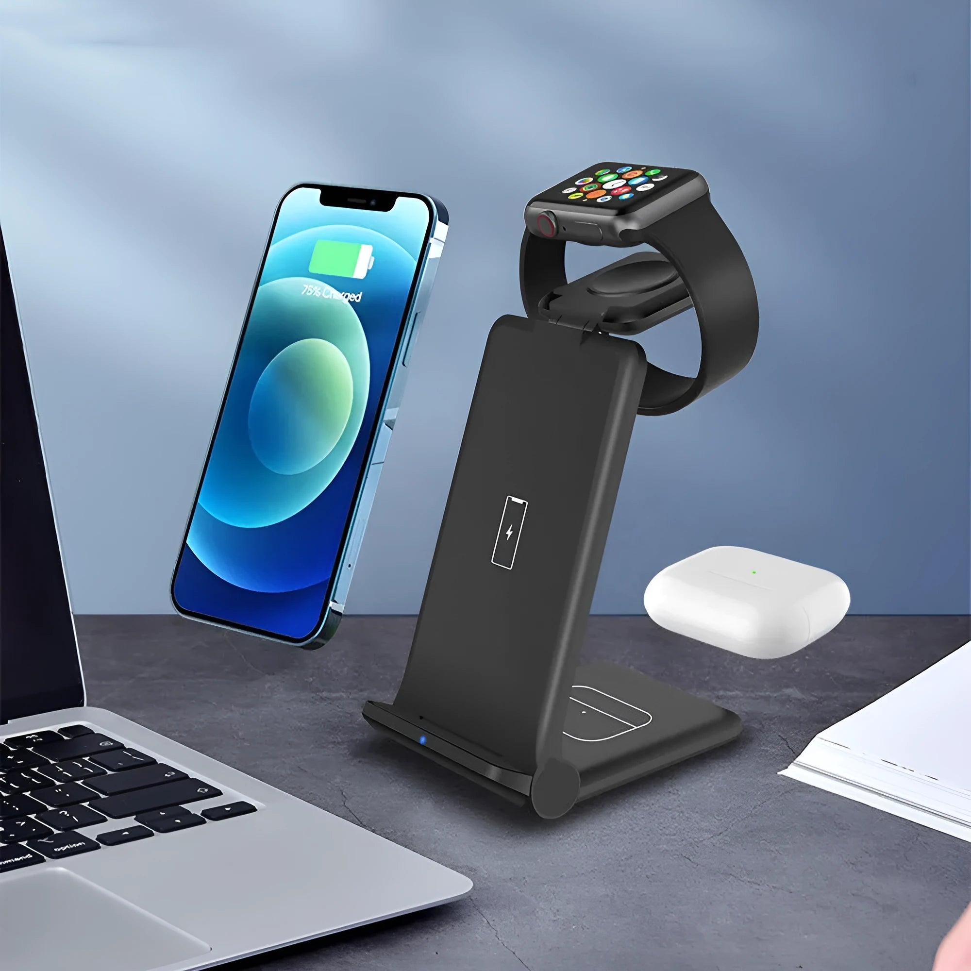 Black foldable 3-in-1 wireless charging station charging iPhone, Samsung phone and Apple Watch simultaneously