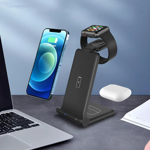 Black foldable 3-in-1 wireless charging station charging iPhone, Samsung phone and Apple Watch simultaneously