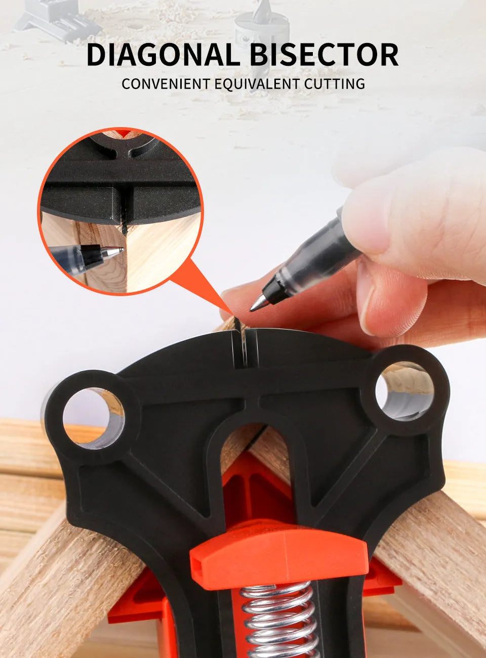 Four plastic 90 degree right angle woodworking clips for frame corner alignment