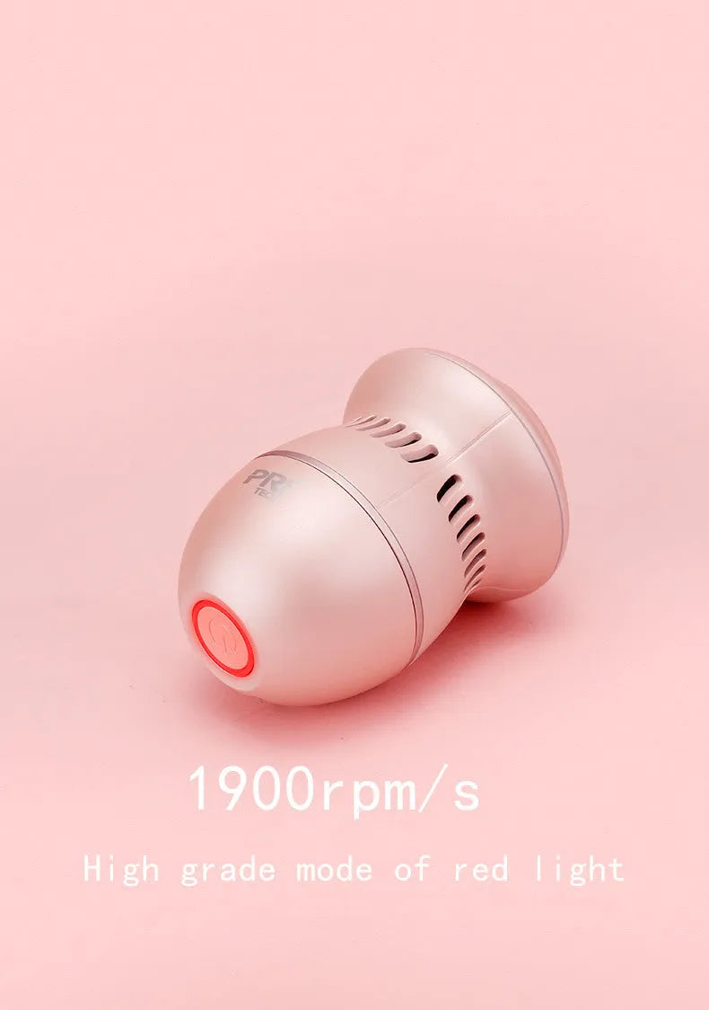 Beige and white electric foot file machine with grinding head, USB cable, two spare heads, brush, and sponge ring.