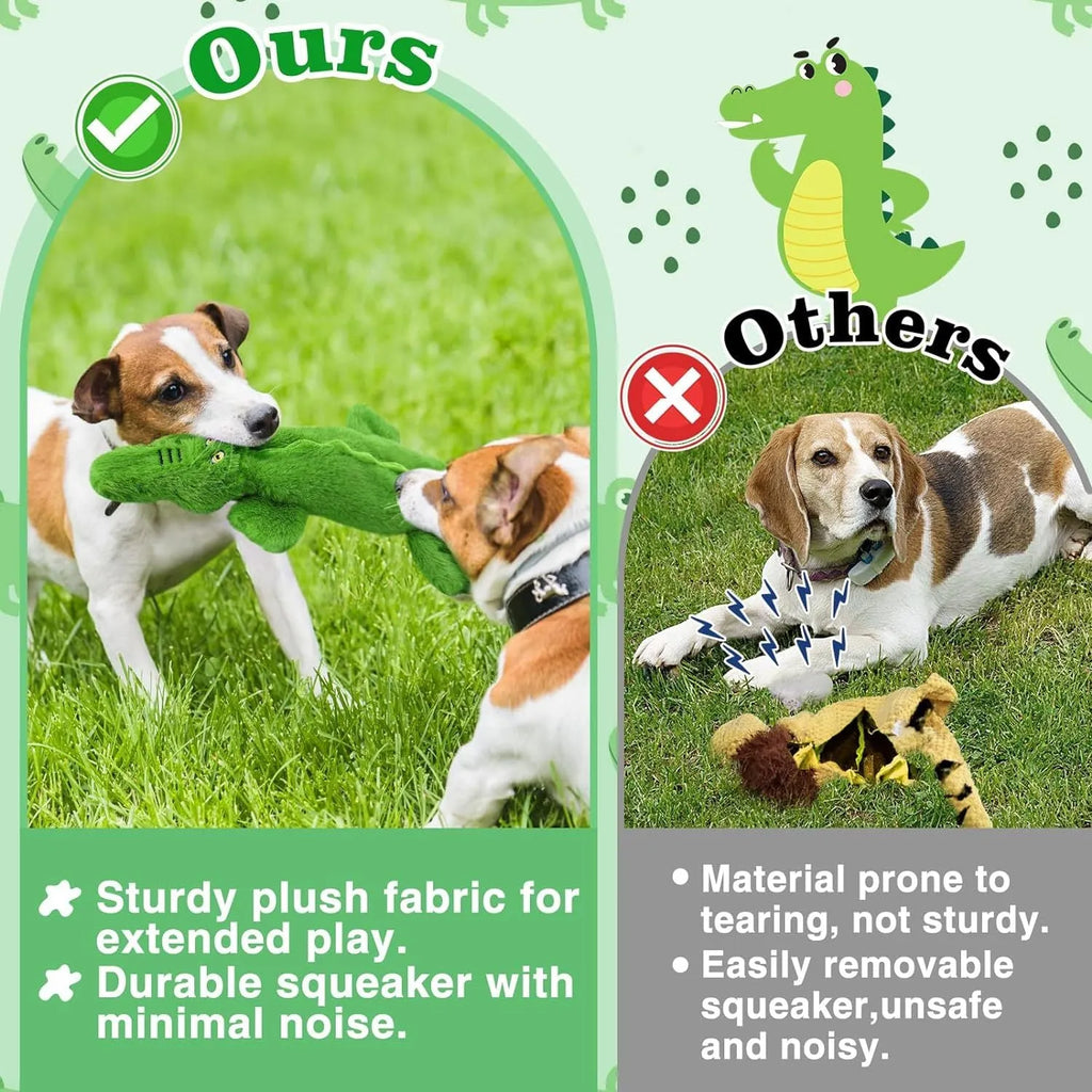 Green plush crocodile dog toy with no stuffing, featuring a squeaker and crinkle paper tail.