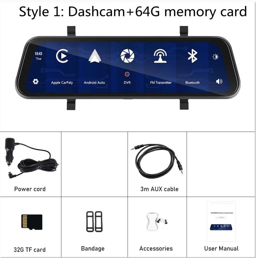 9.66 inch mirror-mounted car dash cam with rear view camera displayed with 64GB memory card and installation kit