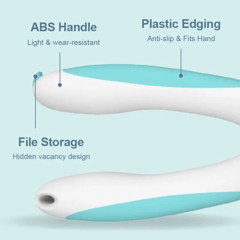 Blue and white pet nail clippers with ergonomic handles and a safety lock, shown with a nail file.