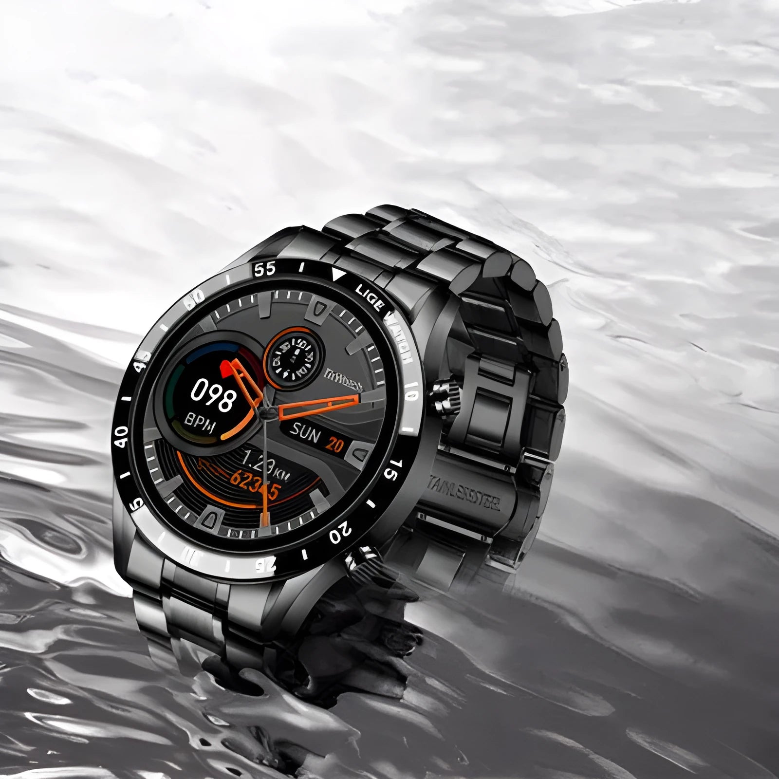 Silver stainless steel smart watch with 1.3-inch touchscreen displaying step count on wrist