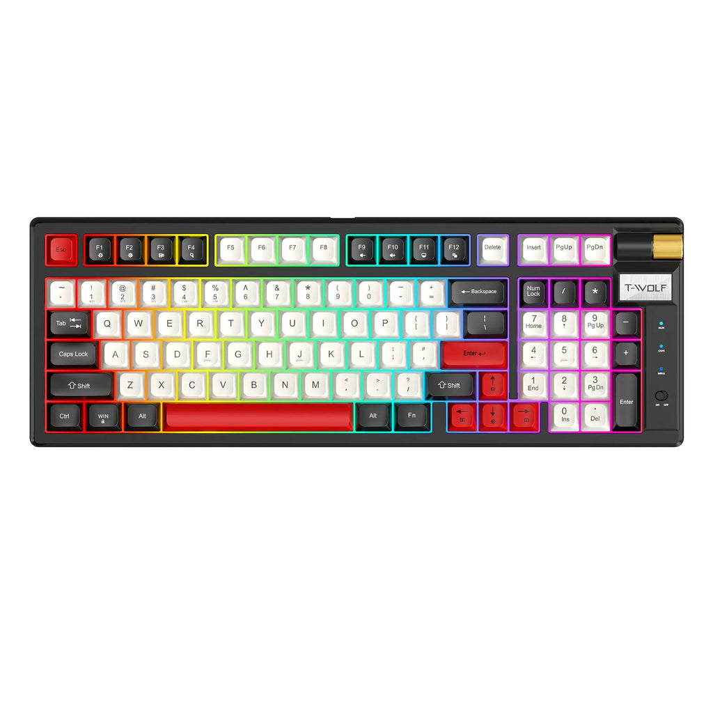 Bluetooth mechanical gaming keyboard in black and red or blue orange colours with USB receiver and cable