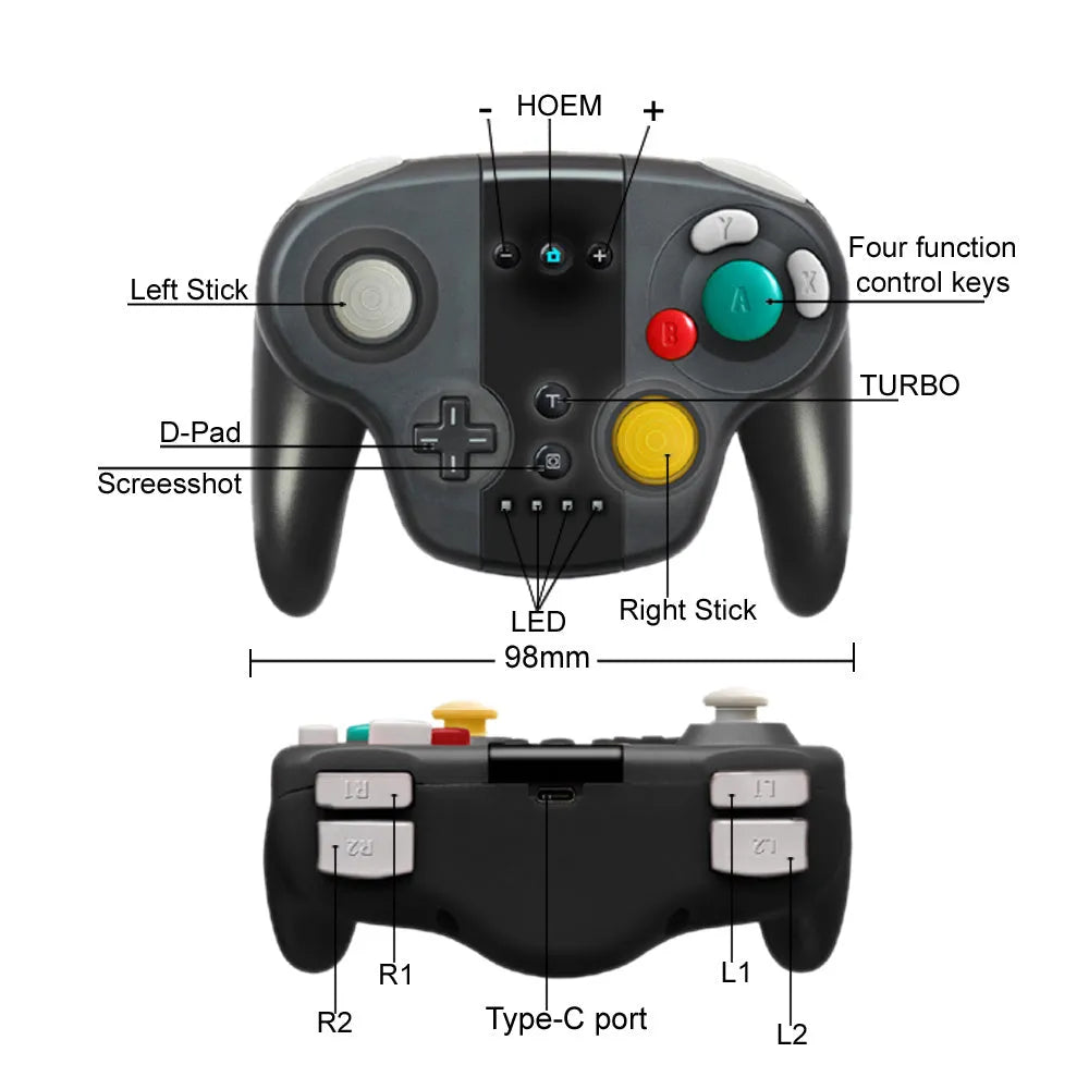Black wireless gamepad controller with colourful packaging for Nintendo Switch and PC gaming