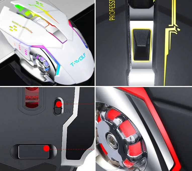 Black and white wireless computer mouse with USB charging cable and silent buttons.