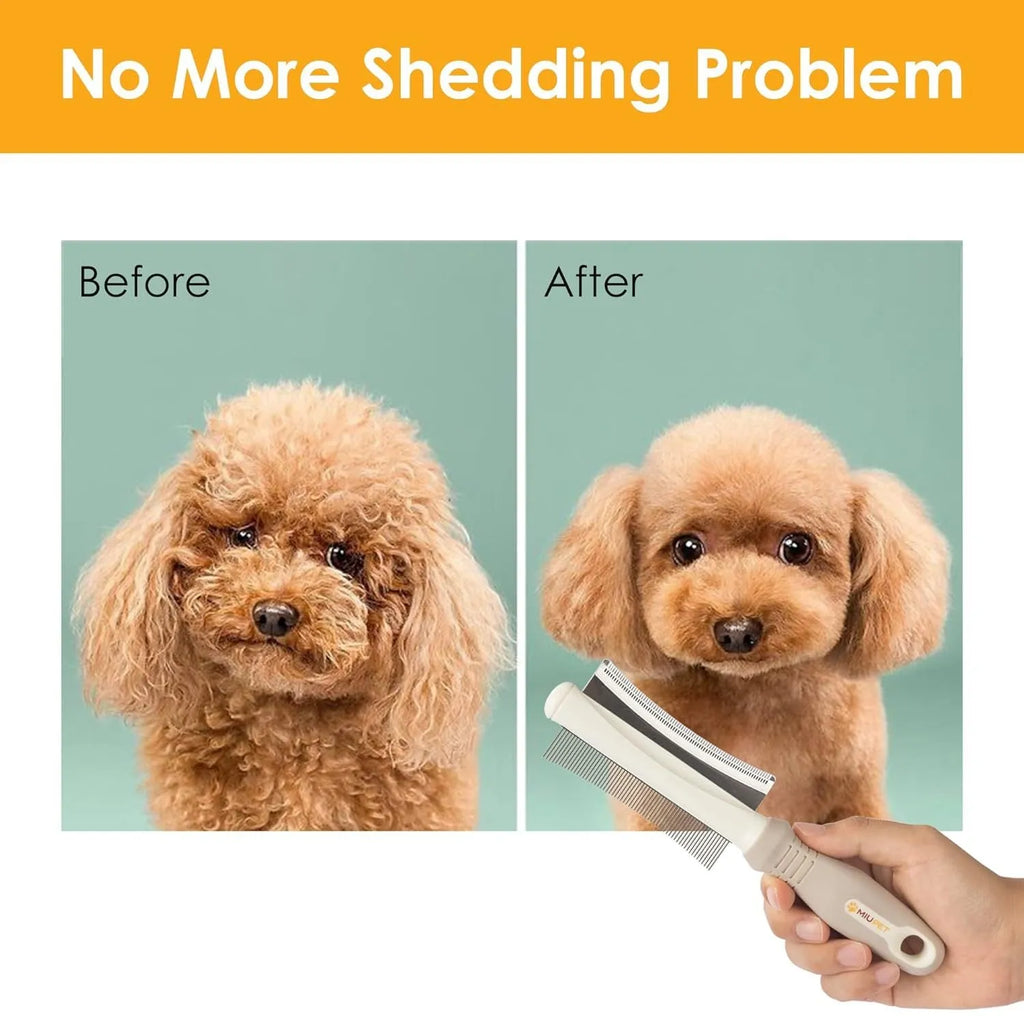 White double-sided dog and cat deshedding brush with curved comb and ergonomic handle