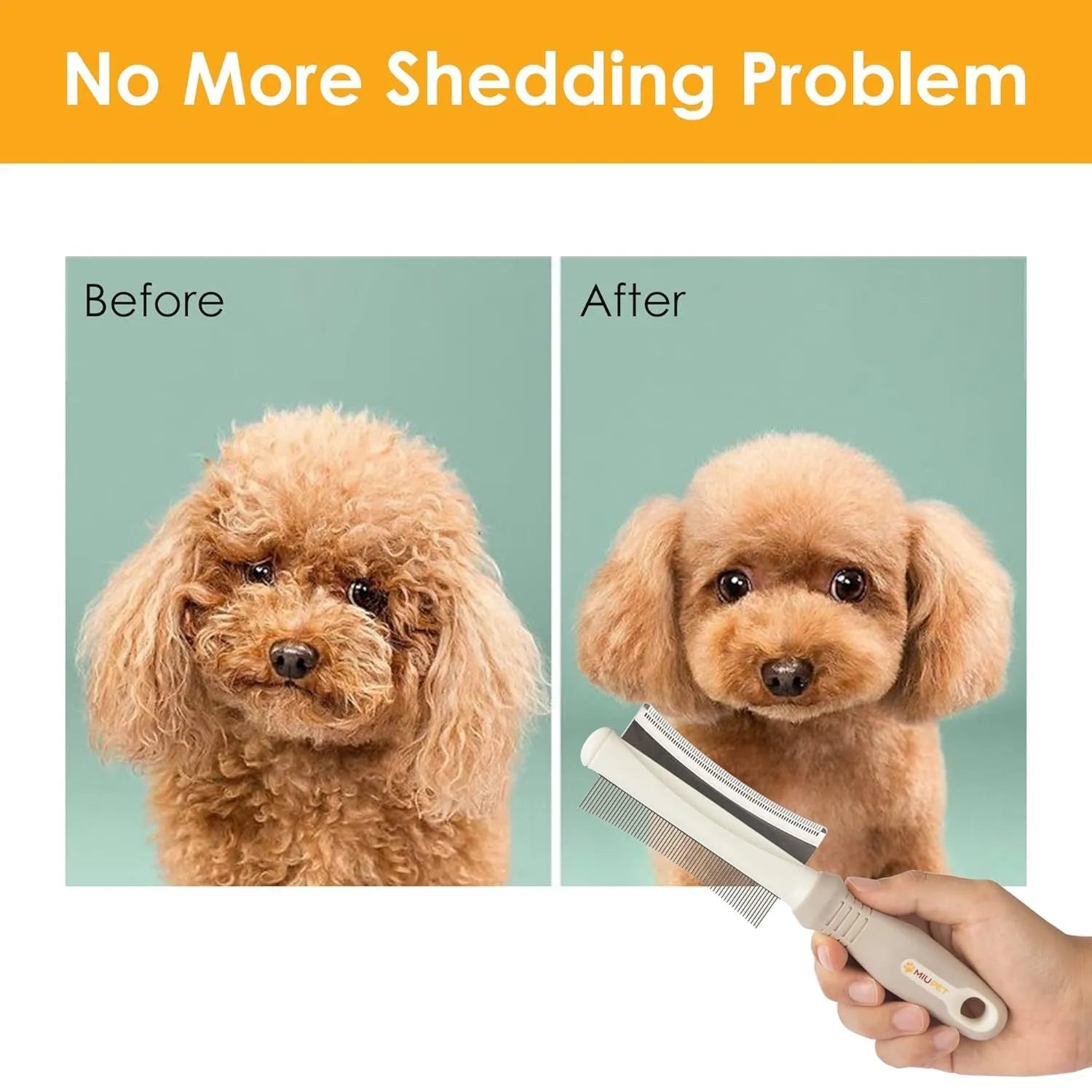 White double-sided dog and cat deshedding brush with curved comb and ergonomic handle