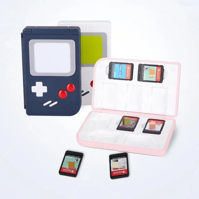 Nintendo Switch game card storage box in blue with elastic strap closure