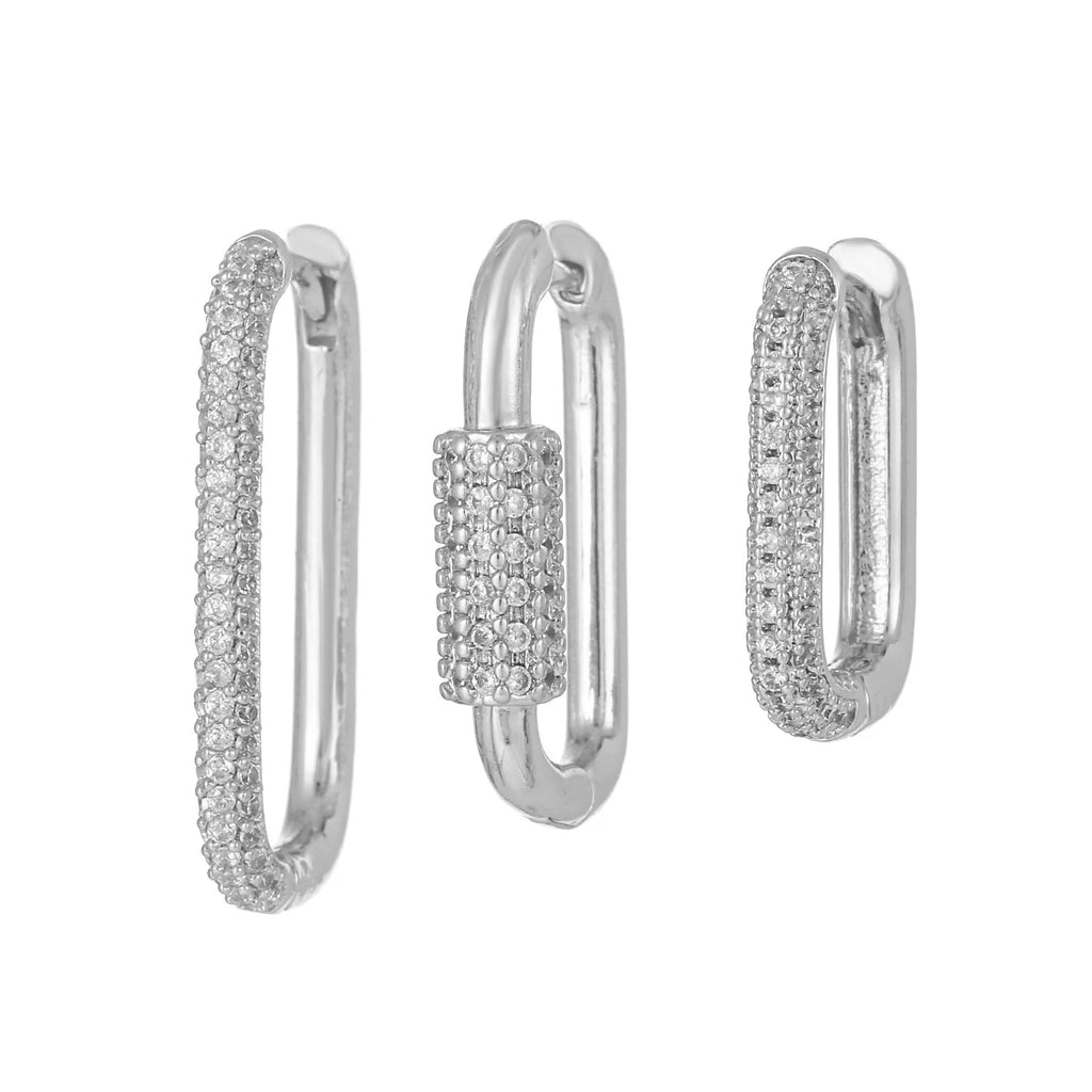 Geometric three-piece copper ear clip set with micro inlaid zircon detailing in gold or white finish