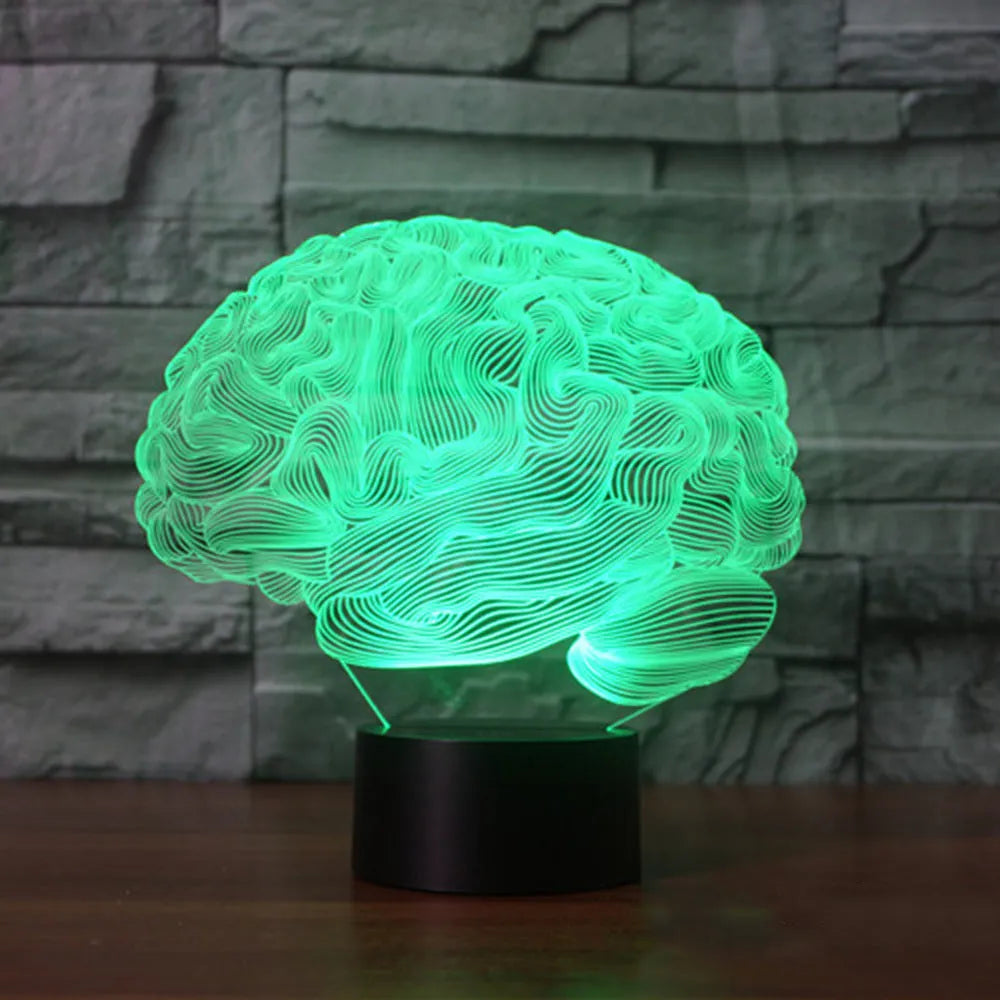 3D acrylic brain-shaped LED desk lamp with colourful lighting on a black ABS base.
