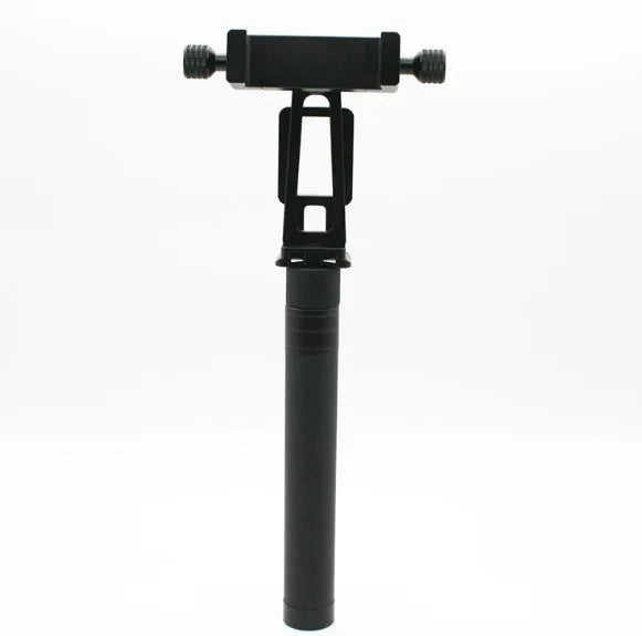 Black retractable selfie stick extended to full length with a smartphone attached, showcasing its hand-held stabiliser grip.