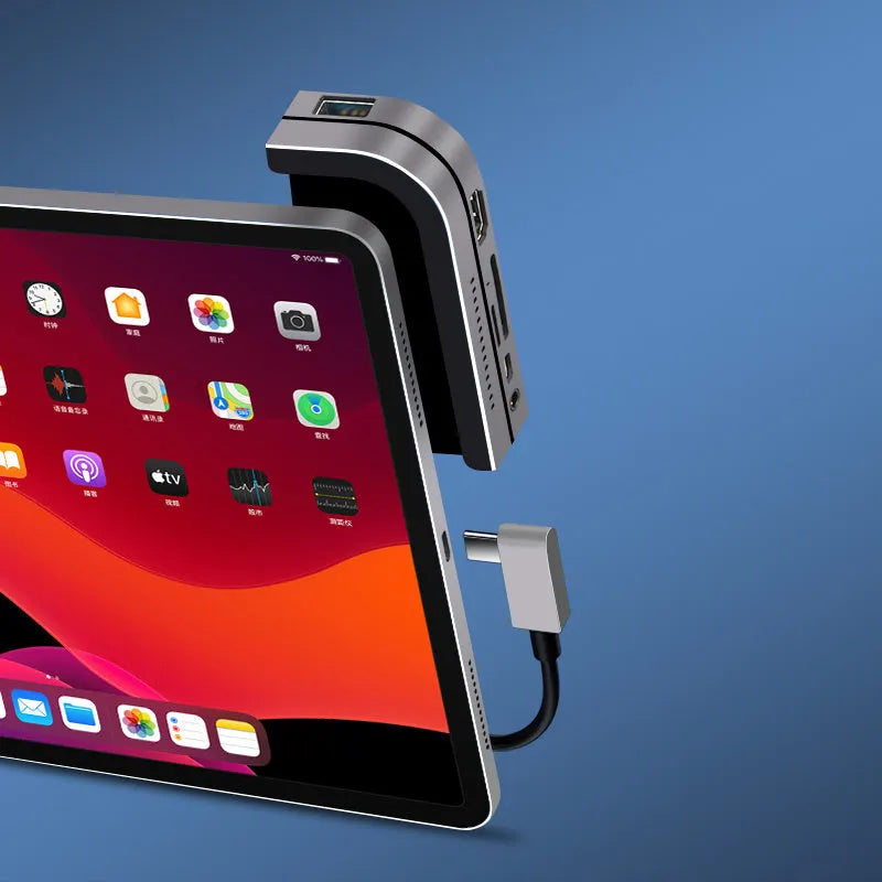 Silver aluminium grey USB-C 6-in-1 docking station for iPad Pro tablets with HDMI port.