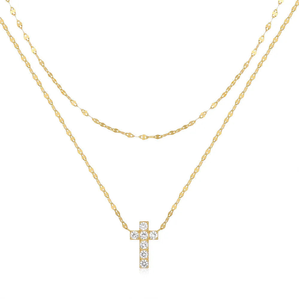 S925 sterling silver double layer twin diamond cross pendant necklace on a clavicle chain in gold colour.