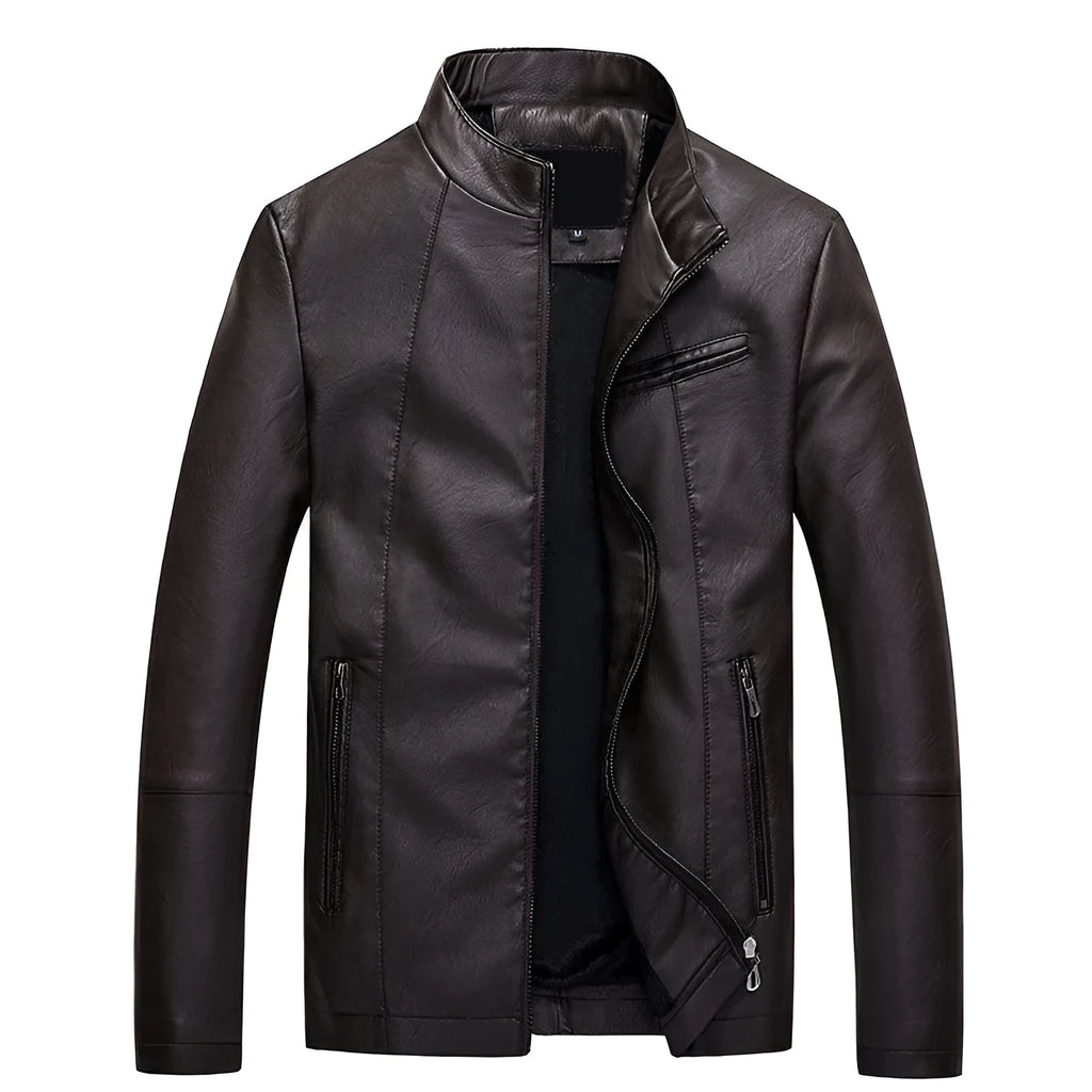Men's PU leather jacket in claret colour with biker style design and polyester lining
