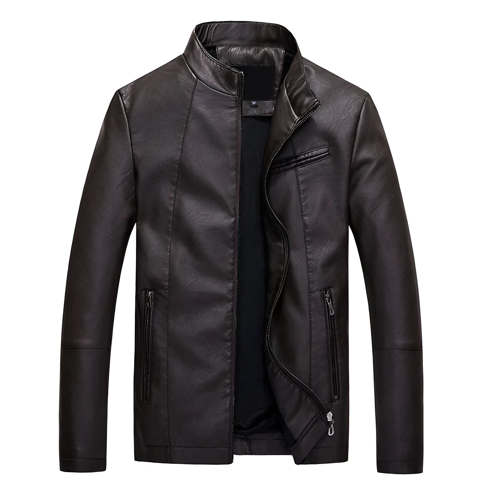 Men's PU leather jacket in claret colour with biker style design and polyester lining