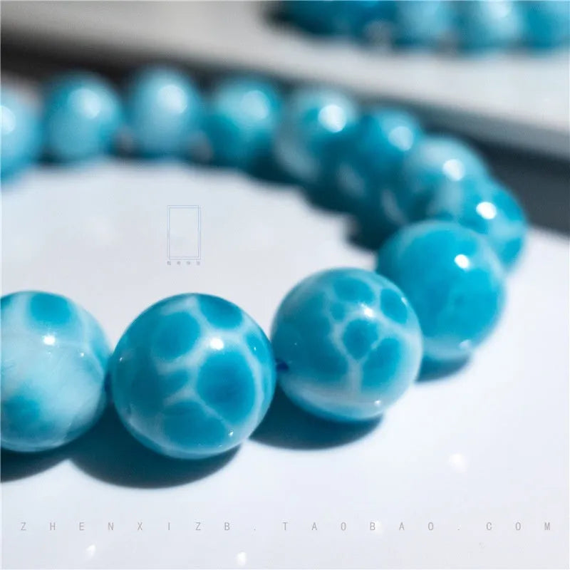 Handmade blue Bodhi bracelet with natural crystal sea-pattern bead and freshwater pearl