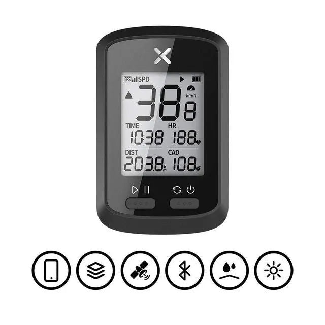 Black waterproof bicycle stopwatch with digital display mounted on bike handlebars using magnetic attachment system