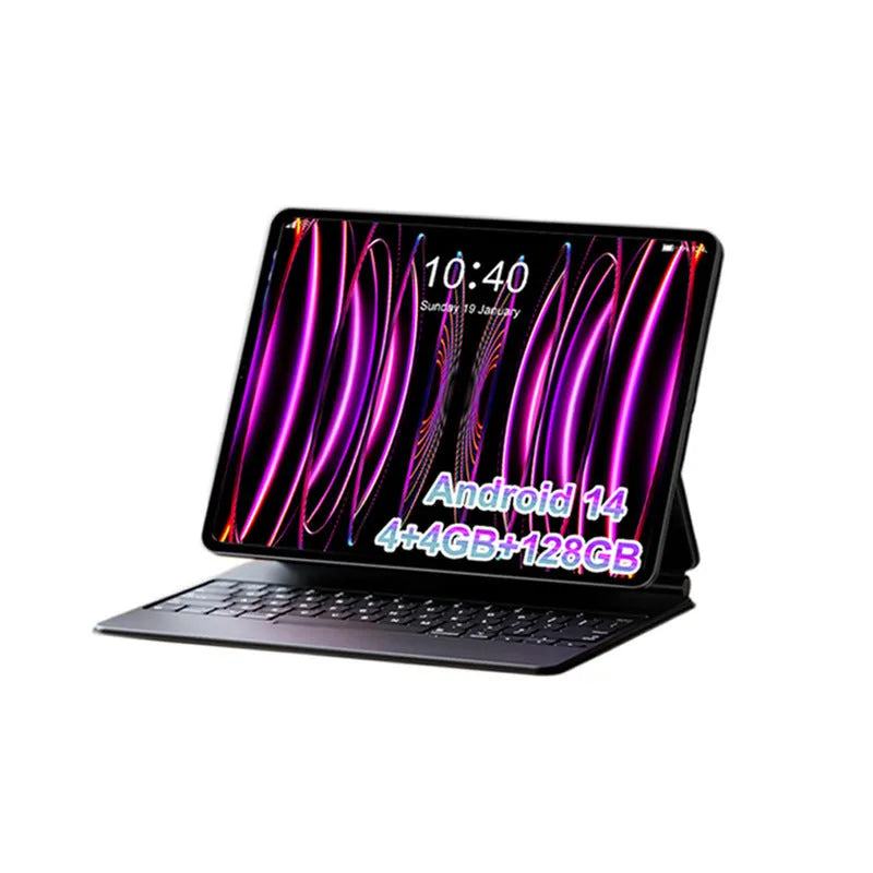 10-inch bare metal blue tablet in a leather keyboard case on a desk