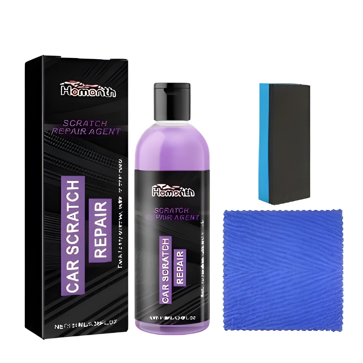 Scratch repair agent kit showing 100ml bottle, sponge applicator, and microfiber cloth