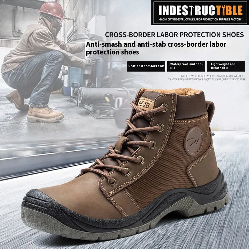 Lightweight labour protection shoes with leather upper and rubber sole in orange, grey, green or yellow