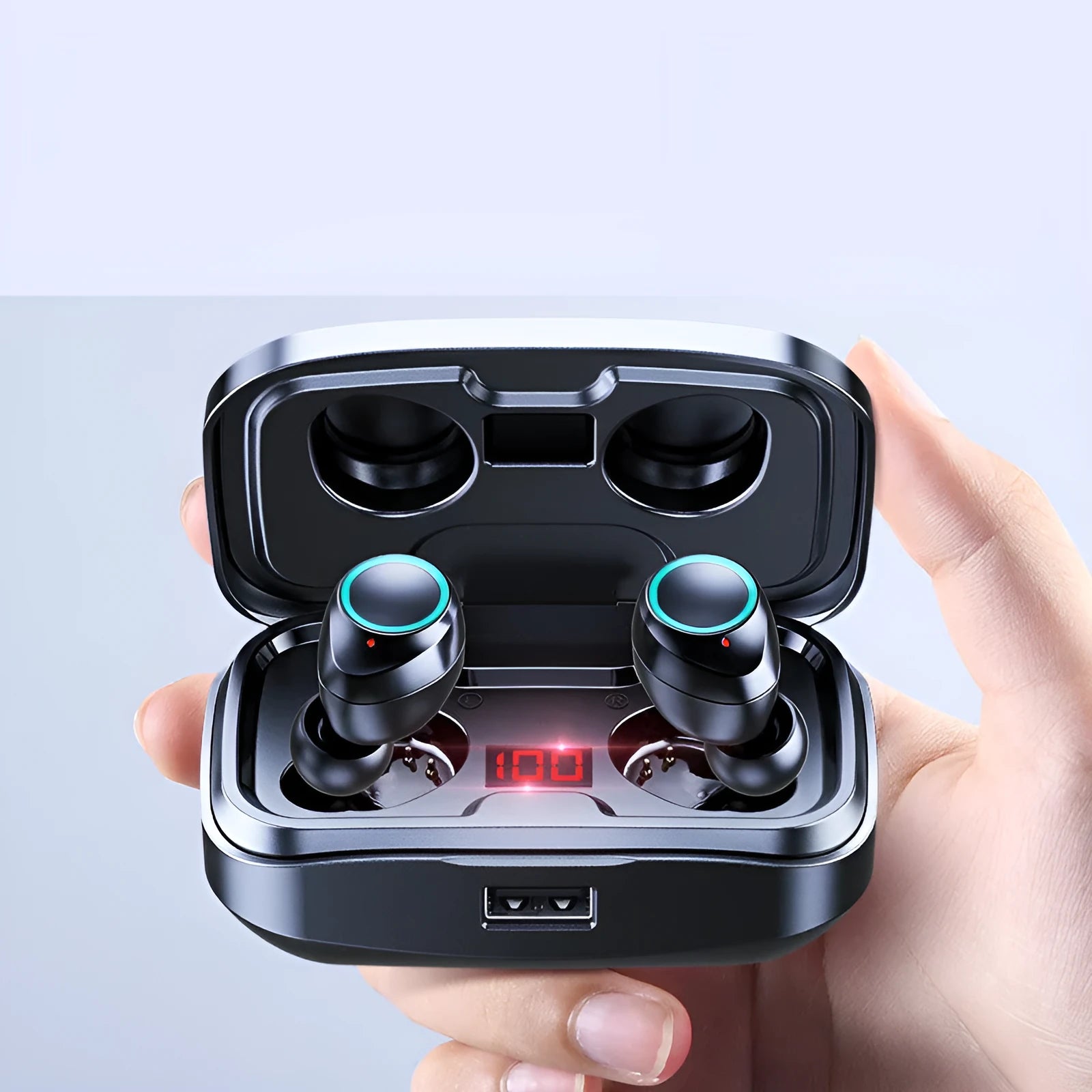 Wireless Bluetooth 5.0 in-ear earphones shown in black, blue, and red colour options.