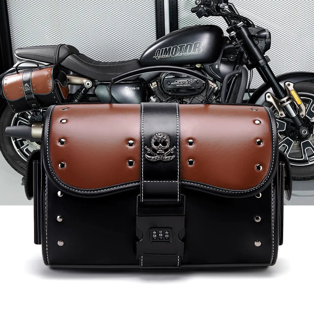 PU leather motorcycle front bag with patchwork design, model FBG397BK