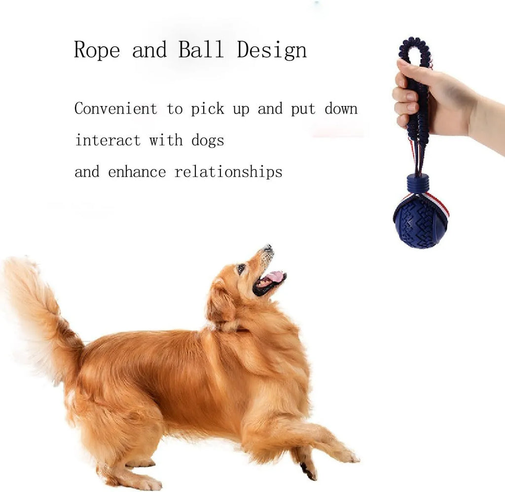 Blue dog ball with rope toy for tug-of-war and teeth cleaning, shown next to a red one.