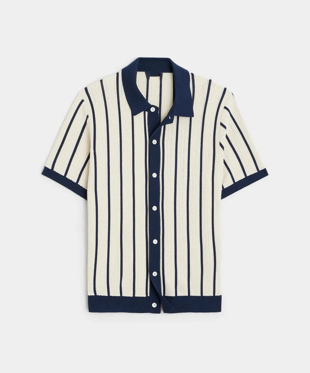Men's white asymmetric striped knitted short sleeve top with a lapel collar