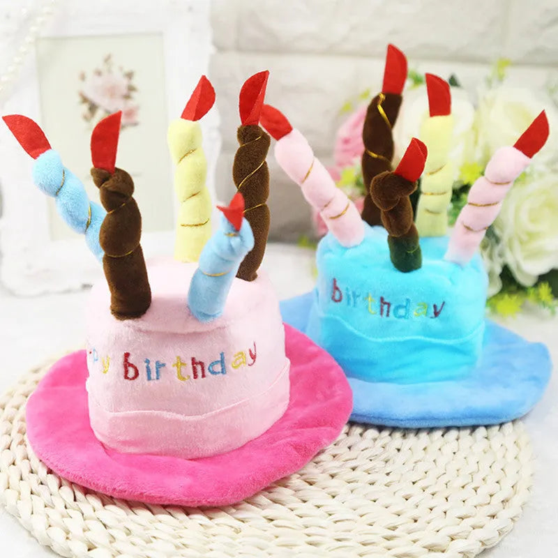 Blue and pink toy dog birthday hat measuring 21cm tall.