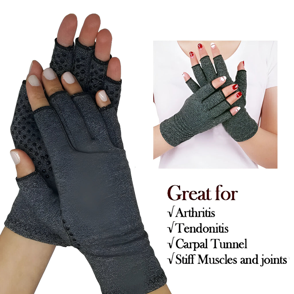 Grey half-finger compression gloves with anti-slip palm grips, shown in a flat lay.