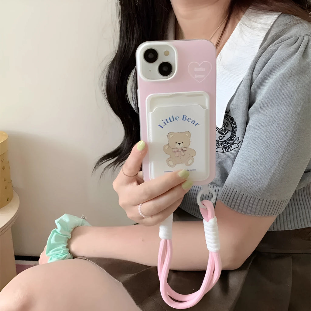 Pink bear TPU phone case with card holder and lanyard for iPhone 13