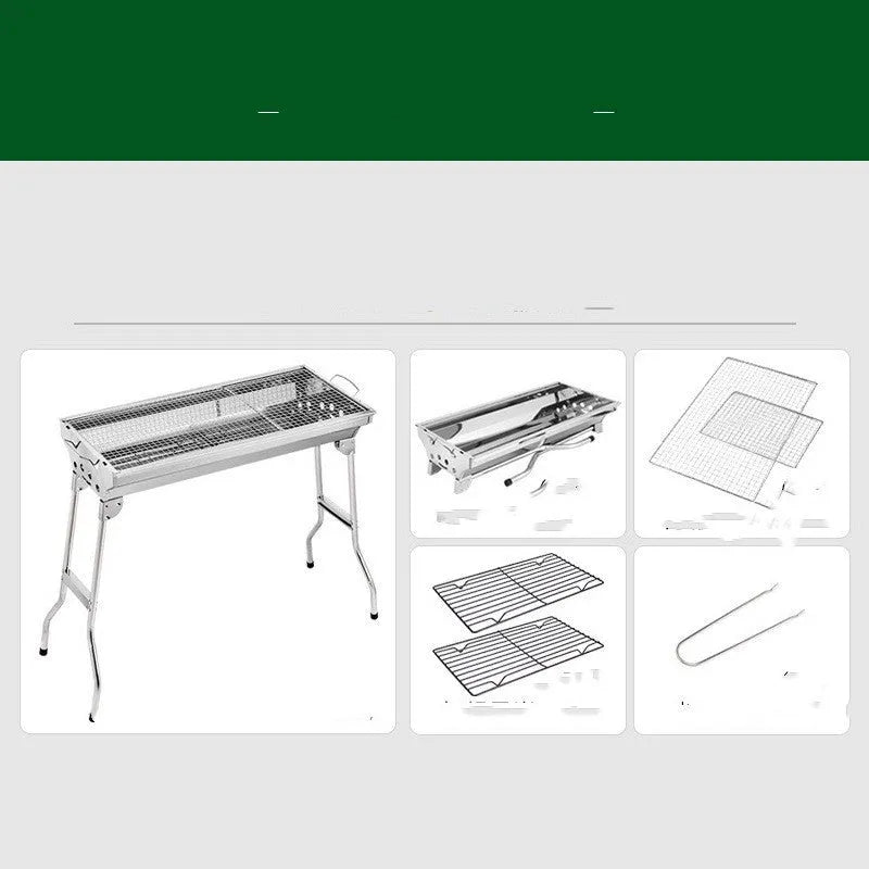 Stainless steel folding portable barbecue grill set up outdoors.