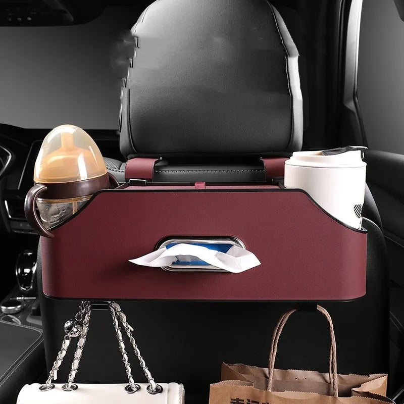 Genuine leather car tissue box holder with cup holder, shown in beige colour.