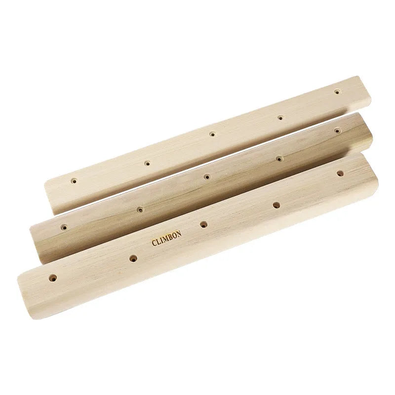 Set of three solid wooden finger grip training boards in 12cm, 40cm, and 50cm lengths displayed together