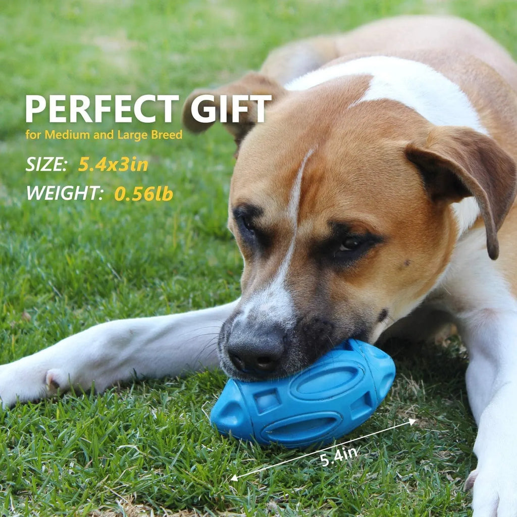 Natural rubber squeaky dog chew toy in blue, green and orange colours for medium and large breed dogs