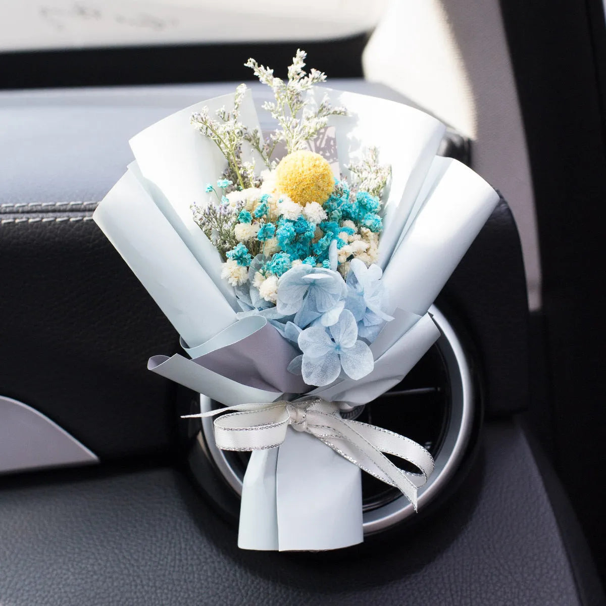 Handmade dried flower bouquet car vent air freshener clip in assorted colours.