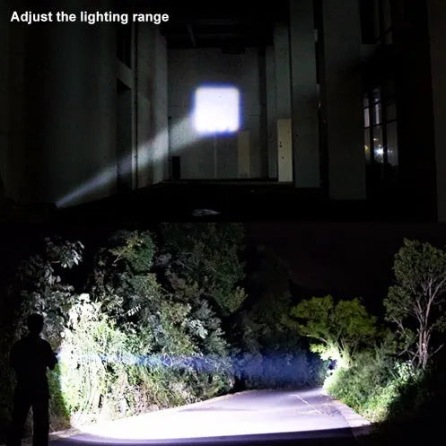 Black mini aluminium telescopic LED flashlight with clip shown extended and collapsed.