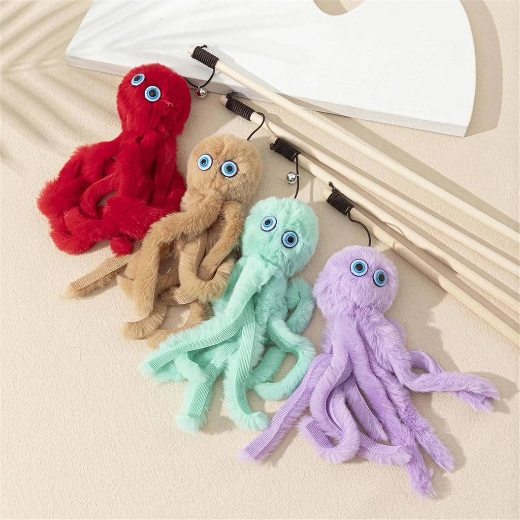 Furry octopus cat toy on long stick wand in pink colour option