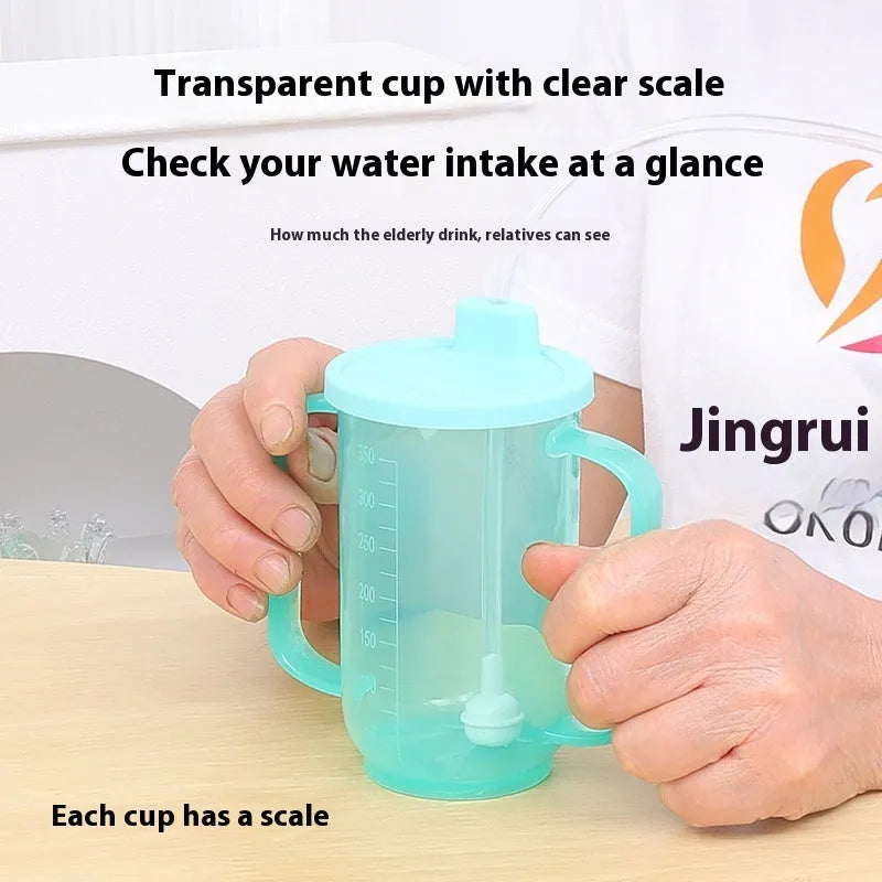 White PP plastic oblique mouth drinking cup with handle and lid for adult bedside use.