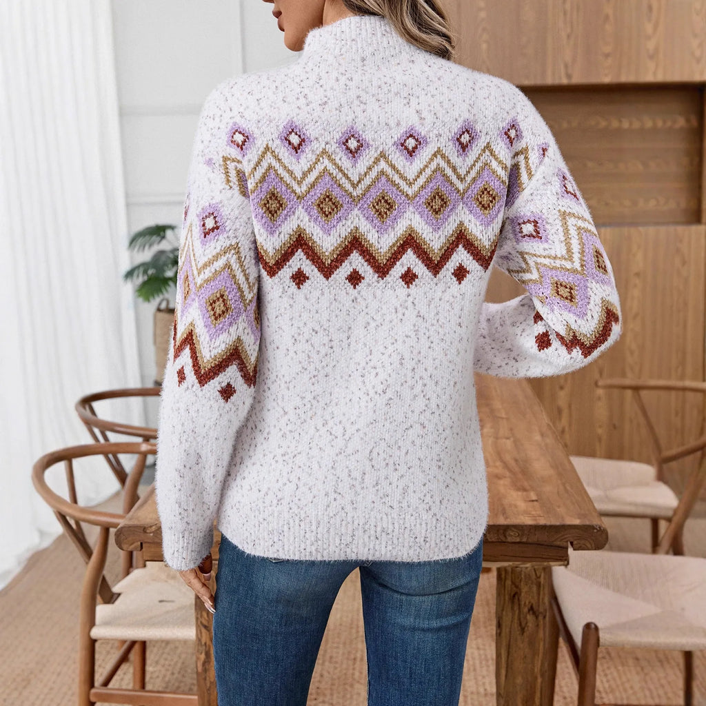 White geometric pattern half-turtleneck loose fit long sleeve chenille sweater