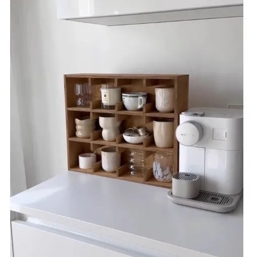 Solid wood cup storage rack with square grids in birch wood meridian colour