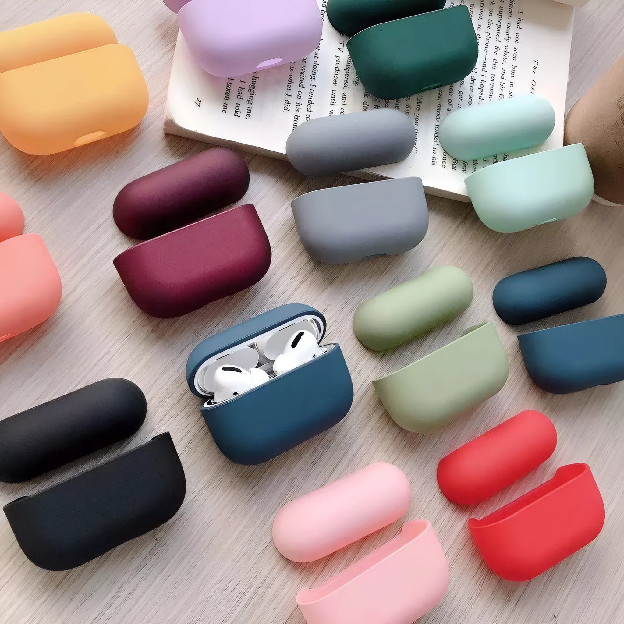 Compatible plastic protective case for Apple AirPods Pro shown in multiple colour options.